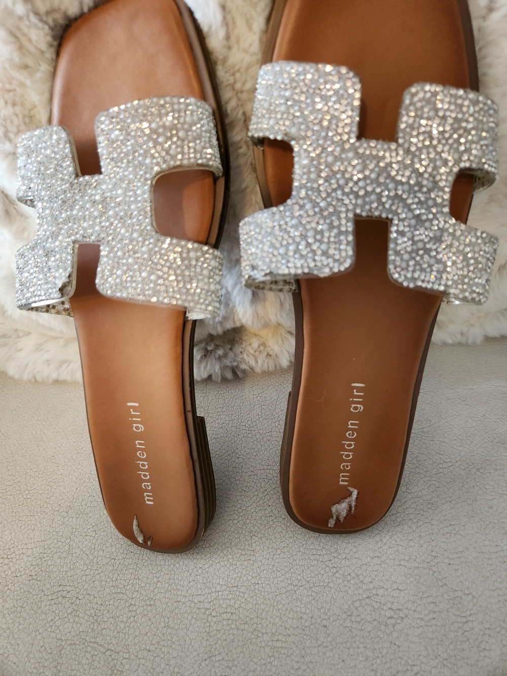 Madden Girl Silver Rhinestone Slide Mules